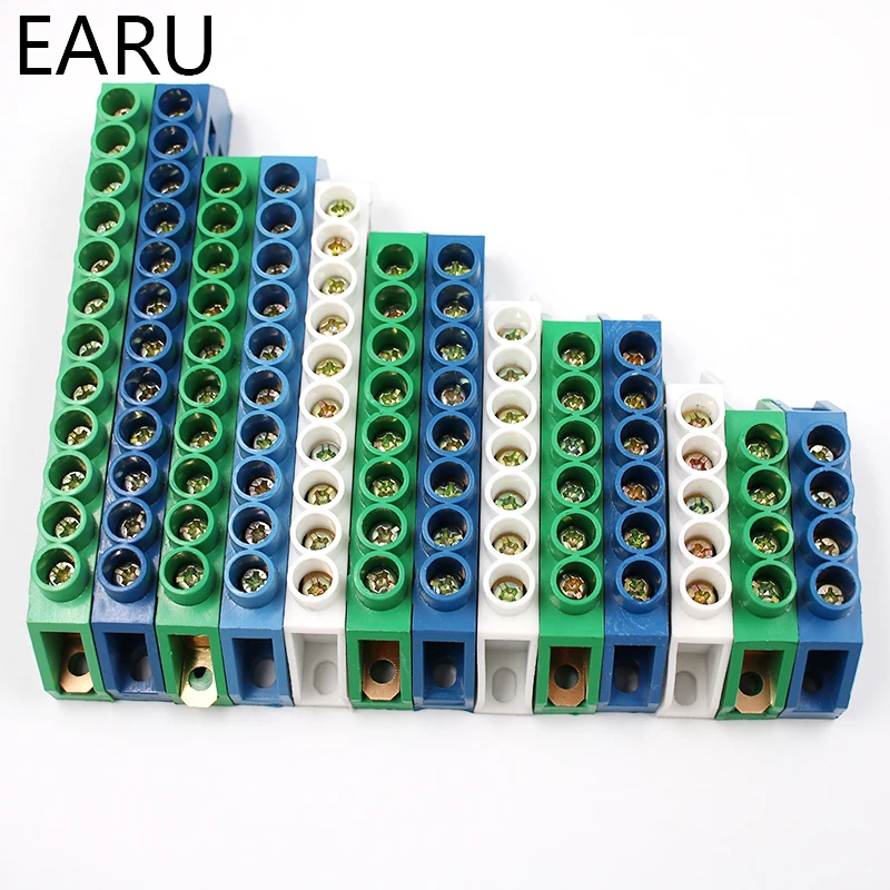 Blue White Green Bridge Design Zero Line 4-12 Pole Screw Brass Copper Grounding Strip Terminal Block Connector Earth And Neutral