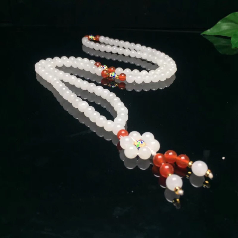 Natural Hetian White Jade Beads Necklace Sweater Chain Ms. More Treasure Chain Send Girlfriend Best Gift