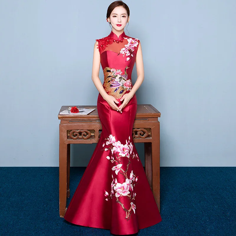 Fashion Wedding Party Cheongsam Oriental Evening Dress Chinese Style Women Elegant Qipao Sexy Long Robe Retro Vestido S-3XL