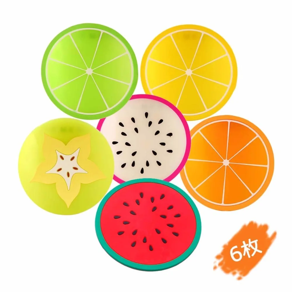 

6 pcs Colorful Hot Drink Holder Jelly Color Fruit Shape Coasters Creative Skid Insulation Silicone Gel Cup Mat Pad