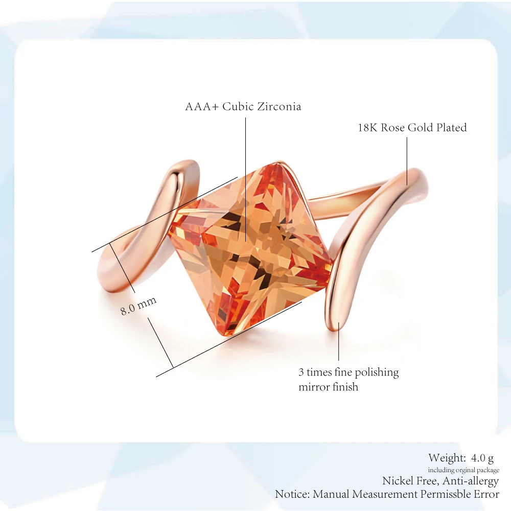 Square Orange Crystal Engagement Wedding Rings For Women Rose Gold Color Fashion Brand Yellow Cubic Zirconia Jewelry R419