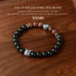 REAMOR Metal Stainless Steel French Bulldog Bracelet 8mm Natural Stone Onyx Dog Bead Elastic Bracelet Men Handmade Jewelry Gift