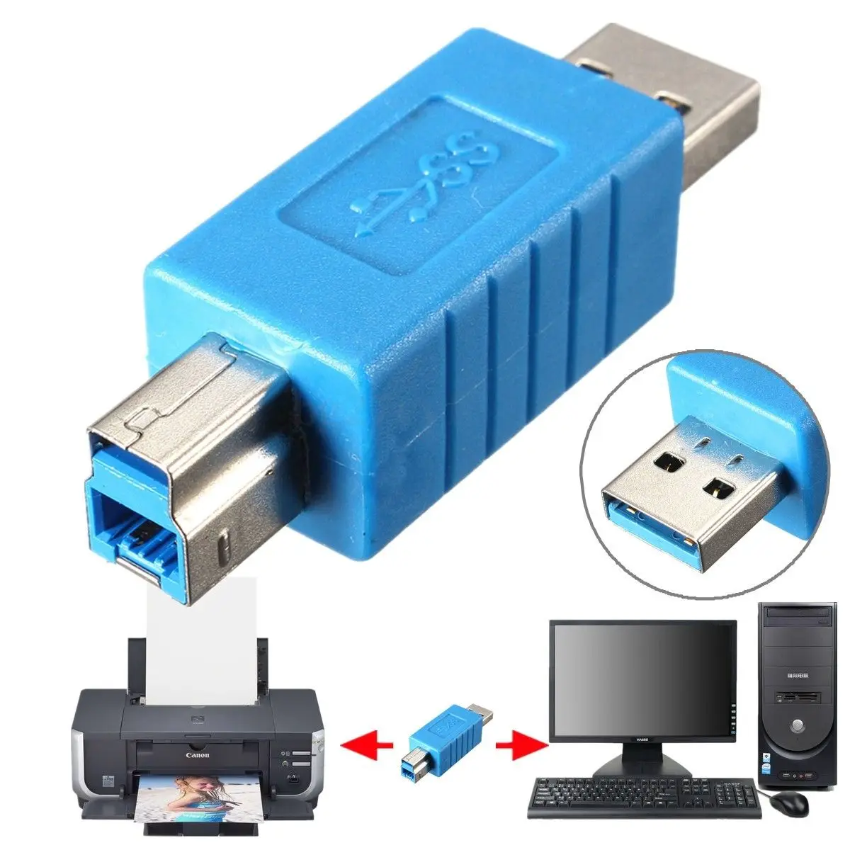 Adaptador de enchufe USB 3,0 tipo A macho A tipo B, convertidor macho para impresora PC