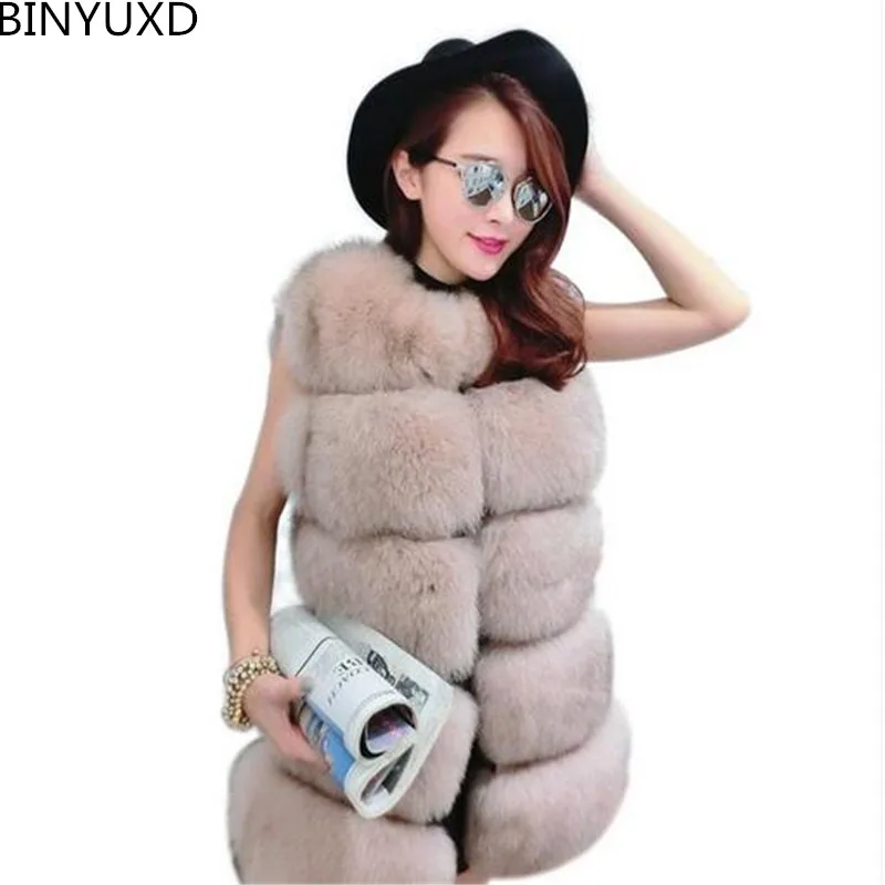 

BINYUXD New 2017 Arrival Winter Warm Fashion Women Import Coat Fur Vest High-Grade Faux Fur Coat Fox Fur Long Vest