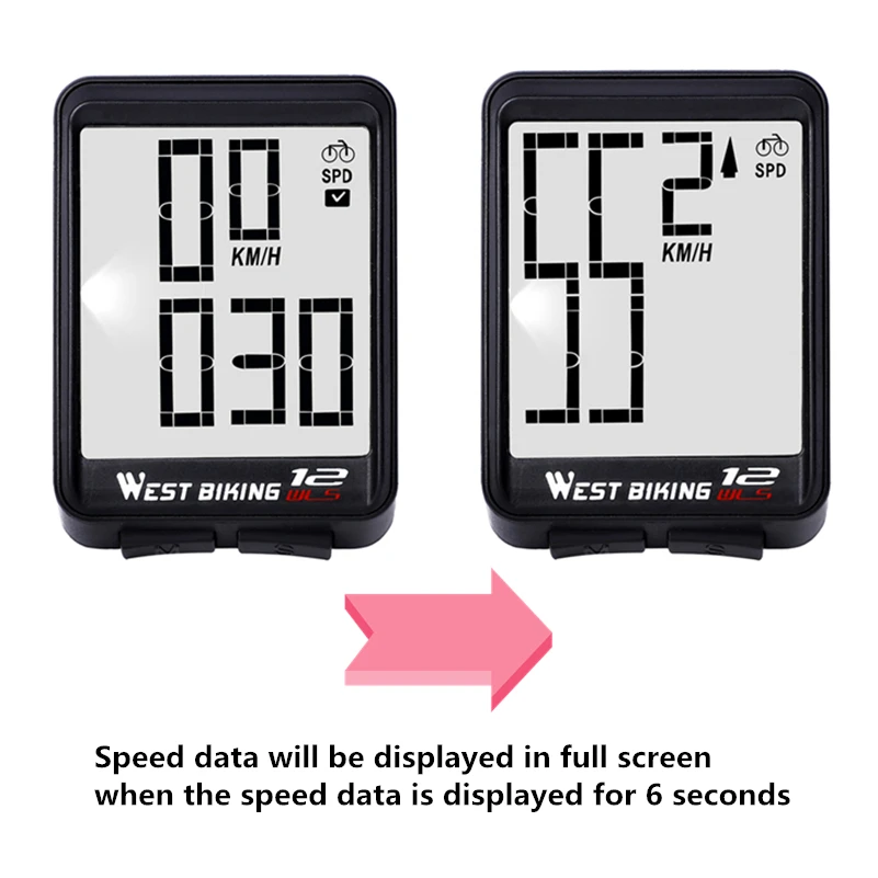 WEST BIKING Wireless Bike Computer Large Digital Speedometer Odometer Rainproof Bicycle Accessories Backlight Cycling Stopwatch