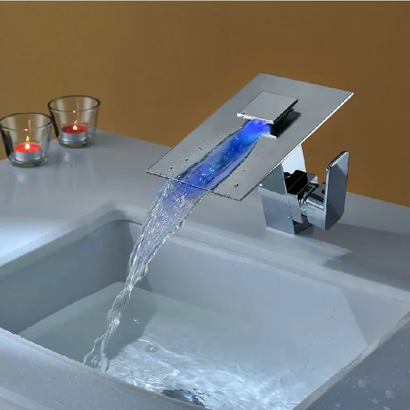 

KEMAIDI Square Waterfall Bathroom Basin LED Faucet Water Power Basin Mixer Chrome Single Handle Faucet 3 Colors Change LED Tap