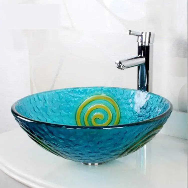 Bathroom Artistic round blue with yellow pattern Glass Vessel Vanity Sink + Free Pop Up Drain