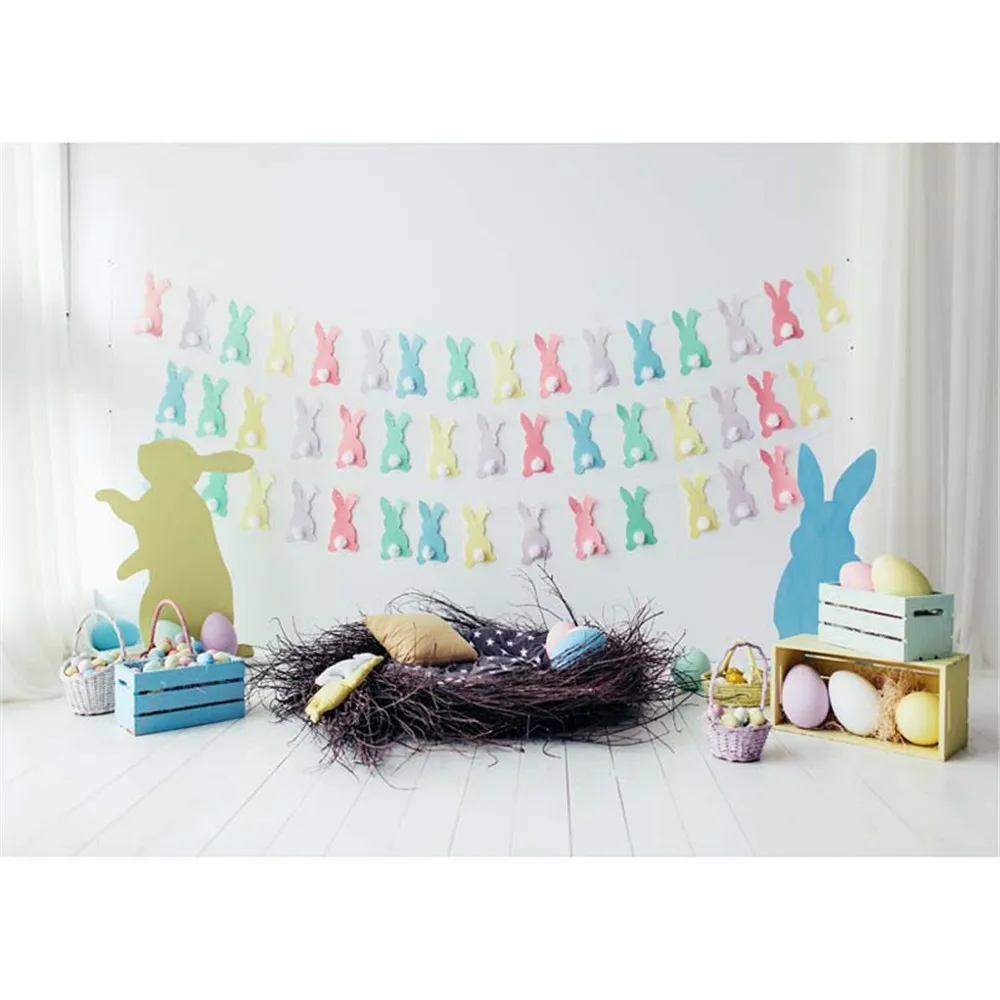 

Happy Easter Baby Newborn Photography Backdrop Printed Paper Cut Rabbits Eggs Basket Nest Kids Photo Shoot Background Wood Floor