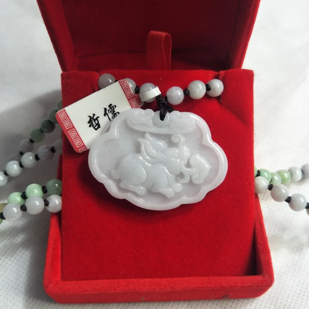 Zhe Ru Jewelry Baby Pure Natural Jadeite Light Color Rabbit Lock Pendant Tricolor Jade Bead Necklace Send A Certificate