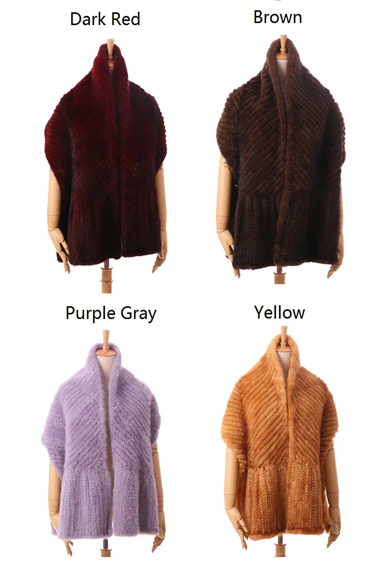 autumn winter warm shawl of natural mink fur long women fur scarves purple black beige knitted fur cape S106