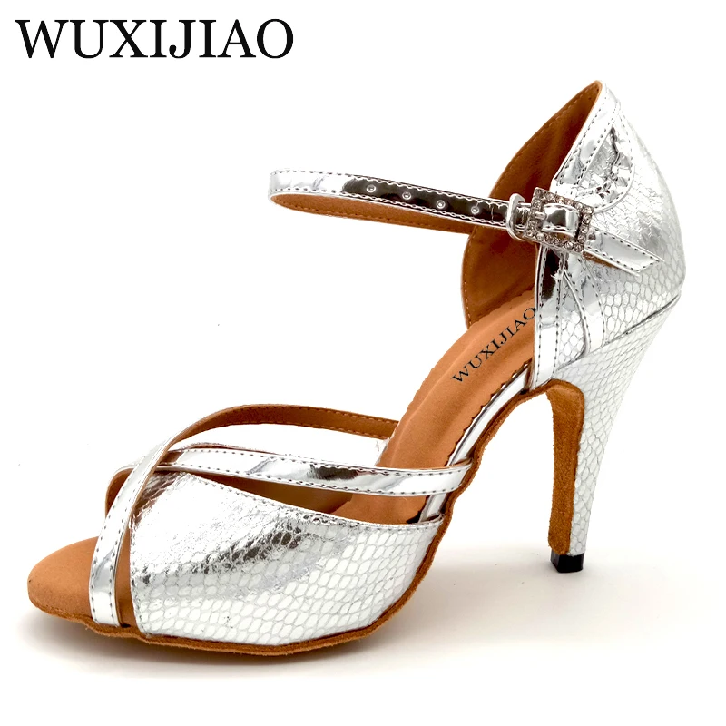 WUXIJIAO 2018 New Women Snake texture PU Silver Shoes For Dance Shoes Ladies Latin Ballroom Salsa Dance Shoes Sandals