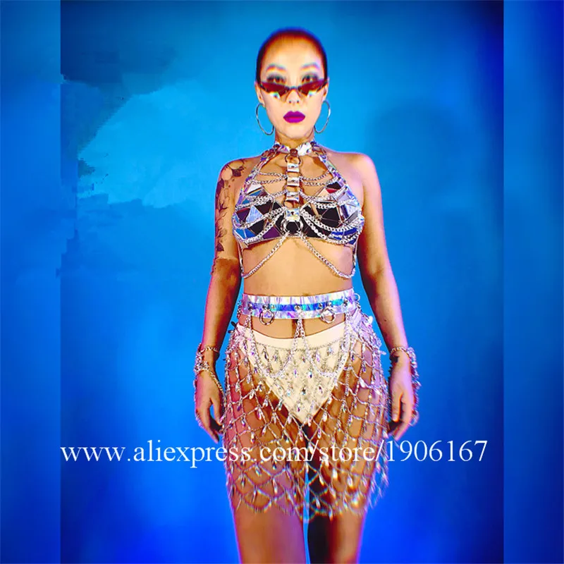 Party Evening Female Models Sexy Lady Bikini Suit Rhinestone Chain Ballroom Costumes Dance Team Performance Outfit DS C