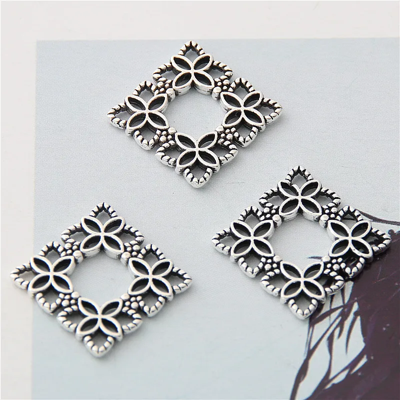 40pcs  Silver Color Little Mini Square Wreath Charms Nature Flower Pendant For Women  Finding Jewelry Accessories 16mm A3052