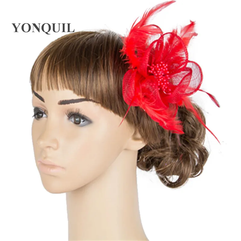 

New Elegant Women Fascinators Headbands Female Wedding Hats Fancy Feather Red Married Headdress Girls Hair Show Hair Accessories