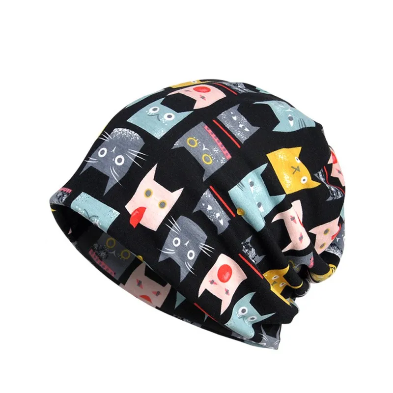 Running Cap Autumn Winter Scarf Simple Style Cat Printed Breathable Stretch Hat Neck Warmer Hiking Travel Hat