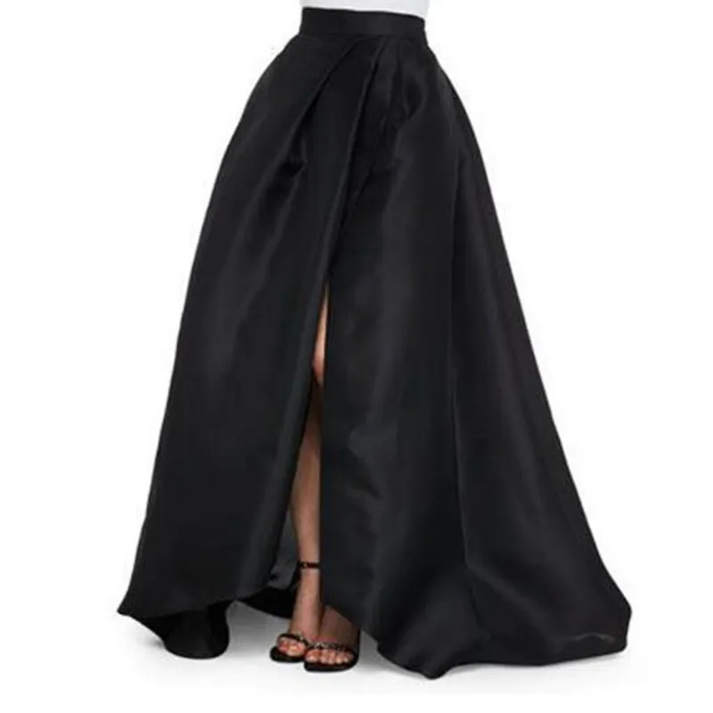 Elegant Black Long Skirts High Waist Sexy Pleated Slit Zipper Satin Floor Length Formal Party Skirts For Women Autumn Maxi Skirt