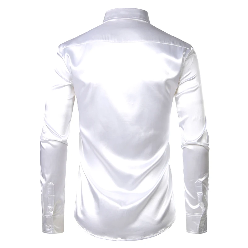 Men's 2 Pieces (Shirt+Tie) White Silk Satin Dress Shirts Slim Fit Long Sleeve Button Down Shirt Male Wedding Party Prom Chemise