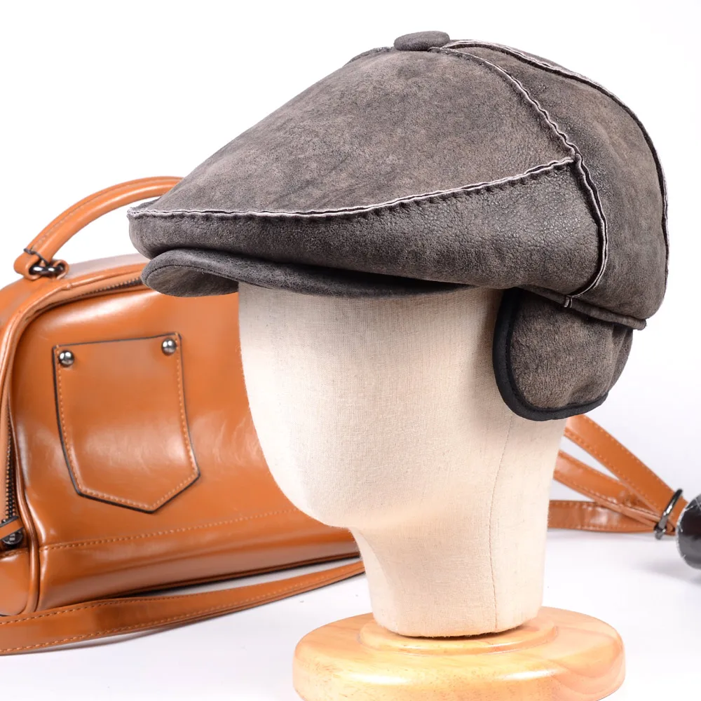 

Men's Male 100% Real Fur Winter Warm Sheepskin Shearling Peaked Cap Casquette Beret Newsboy Hats/caps