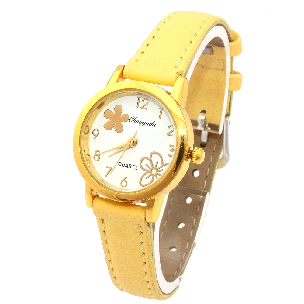 Popular Fashion White Flowers Dial Women Watches Yellow Leather Bracelet White Dial Lady Quartz Girls Wristwatch U55