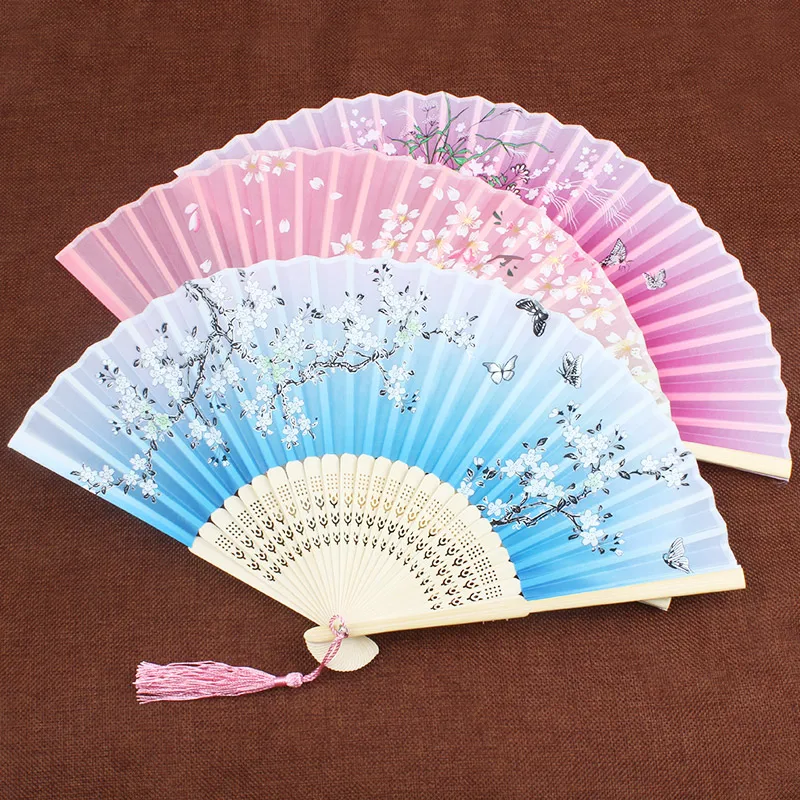 Portable Folding Silk Bamboo Fan Cherry blossom Decorative Ladies Chinese Hand Fans Wedding Favors