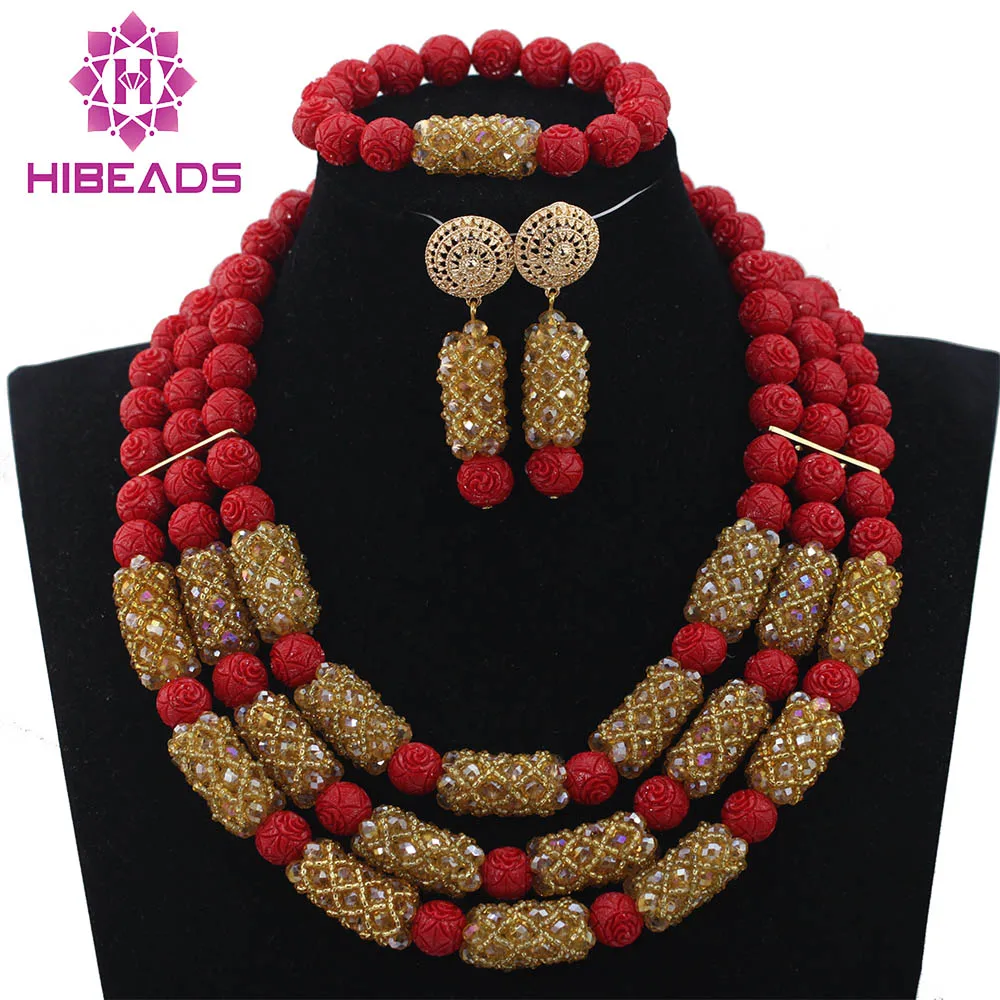 

Trendy Champagne Gold Crystal Bridal Necklace Charming Red Coral Beads African Jewelry Sets Earrings Set Free ShippingABH173