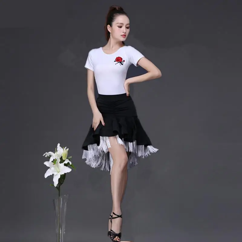 

New Latin Dance Skirt Double Layers Design Adult Practise Competition Dance Skirt Tops Dance Fringe Skirt Latin Ballroom Costume