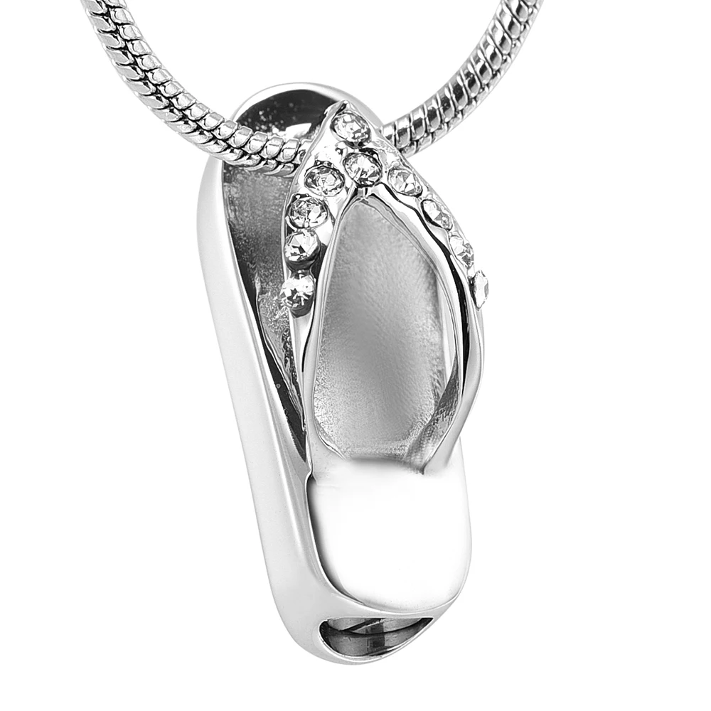 K10524 Unisex Crystal Inlay Flip Flops Cremation Jewelry for Ashes Pendant Stainless Steel Urns Memorial Necklace for Men Women