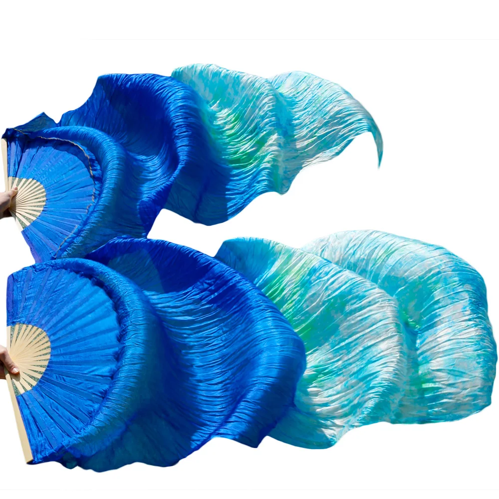 180 *90 cm Women Costume Bamboo Long Silk Fans Veils Silk Fan Handmade Colorful Belly Dance Fan Royal Blue+Mixed Colors