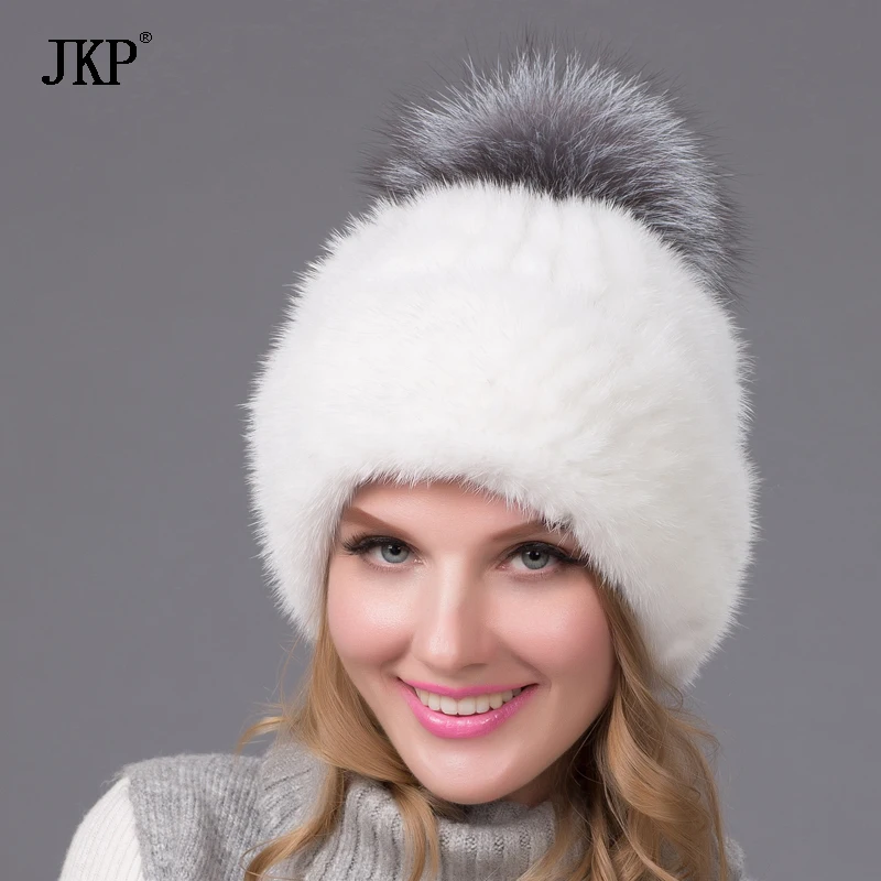 Real Natural Mink Fur Knitted Hats With Fox Fur Ball High Quality Earflap Hat Women Winter Warm Solid Caps BZ-10