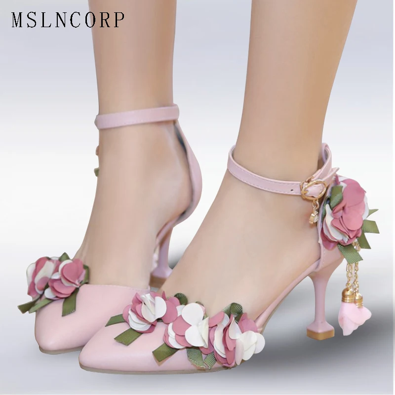 

plus size 34-46 Women Sandals Pointed Toe Female Sexy Lace Flower Wedding Shoes Ankle Wrap Buckle Strap Thin High Heels Pumps