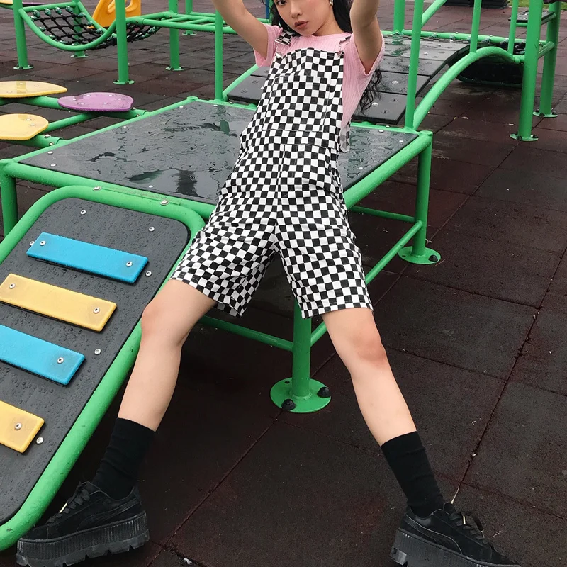 Checkerboard Women Men Overalls Casual Romper Plaid Jumpsuit Shorts Summer Backless Strap Checkered Female Black White Playsuit