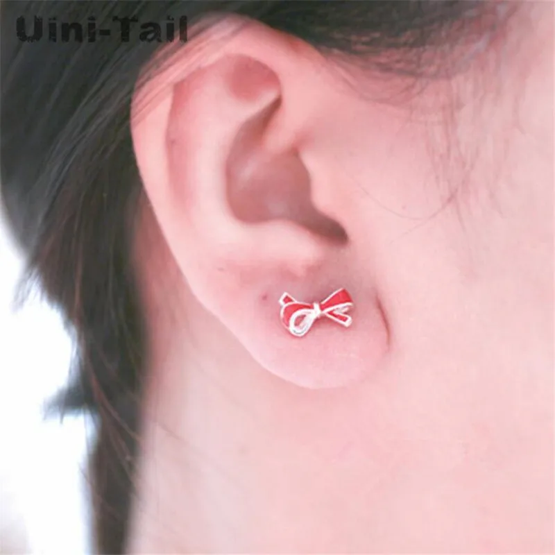 Uini-Tail hot new 925 Tibetan silver sweet girl red bow earrings Korean fashion tide flow trend girl gift high quality ED086