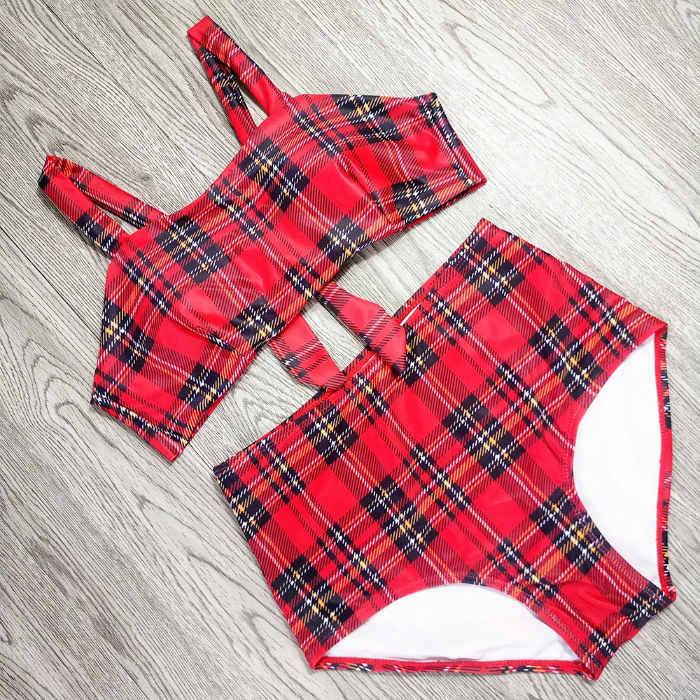 Hoge Taille Badmode Bikini Vrouwen Push Up Badpak Vrouwelijke Bandage Badpakken 2019 Strand Plaid Cover Buik Twee Stukken Zwemkleding