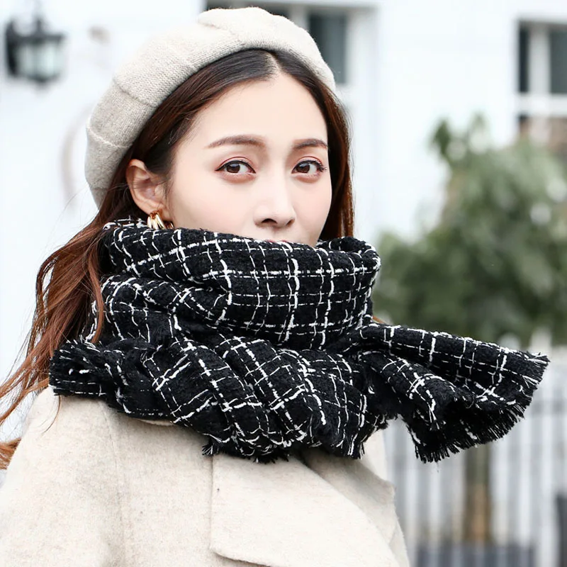 YOUHAN 2022 New Winter Women Scarf Pashmina Cashmere Scarf Black White Plaid Thick Knitted Blanket Double sided Long Shawl Wraps