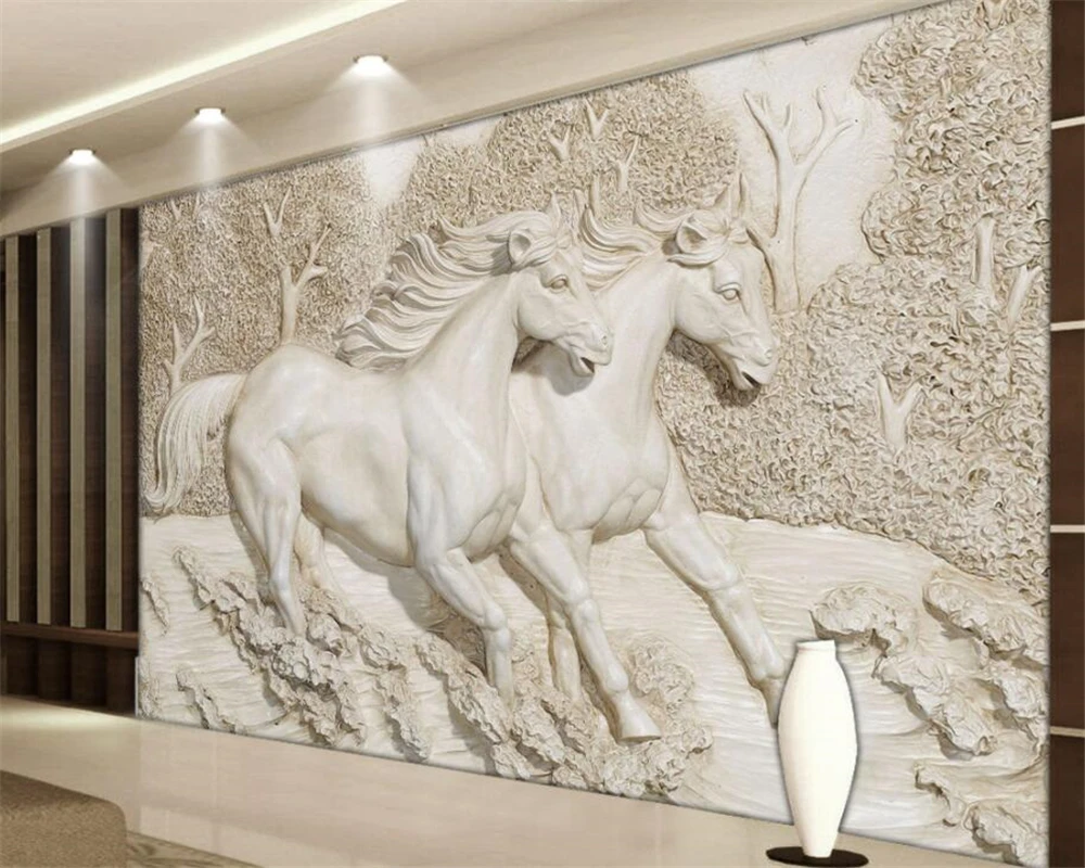 Custom mural European high quality 3D stereo relief white horse TV wall papel de parede 3d wall papers home decor mural photos