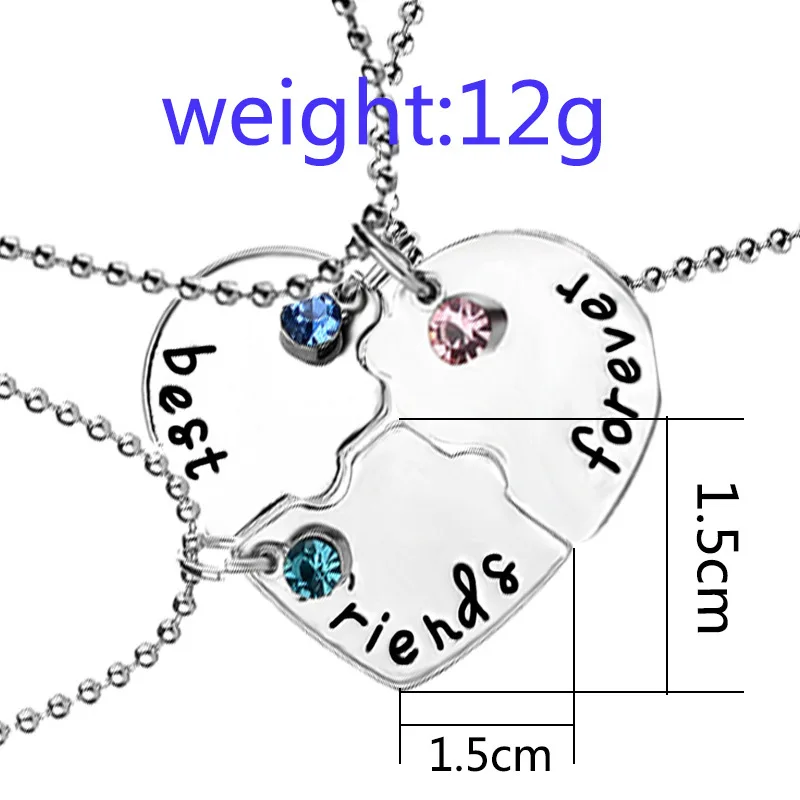 Best Friends Forever 3pcs/set Stitching Heart Pendant Necklace Three Colors Crystal Couple Friendship Necklace Gift