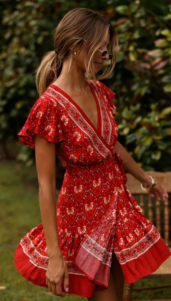 

Vintage Women Short Sleeve Wrap Boho Floral Mini Dress Ladies Summer Sundress Holiday V neck Short Sleeve Print Dress Vestidos