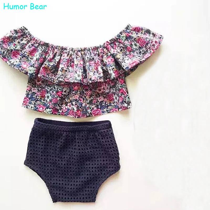 

Humor Bear Baby Clothes New Summer Off-Shoulder Floarl Cotton Suit Newborn Kids Romper Infant Clothing For 0-24M