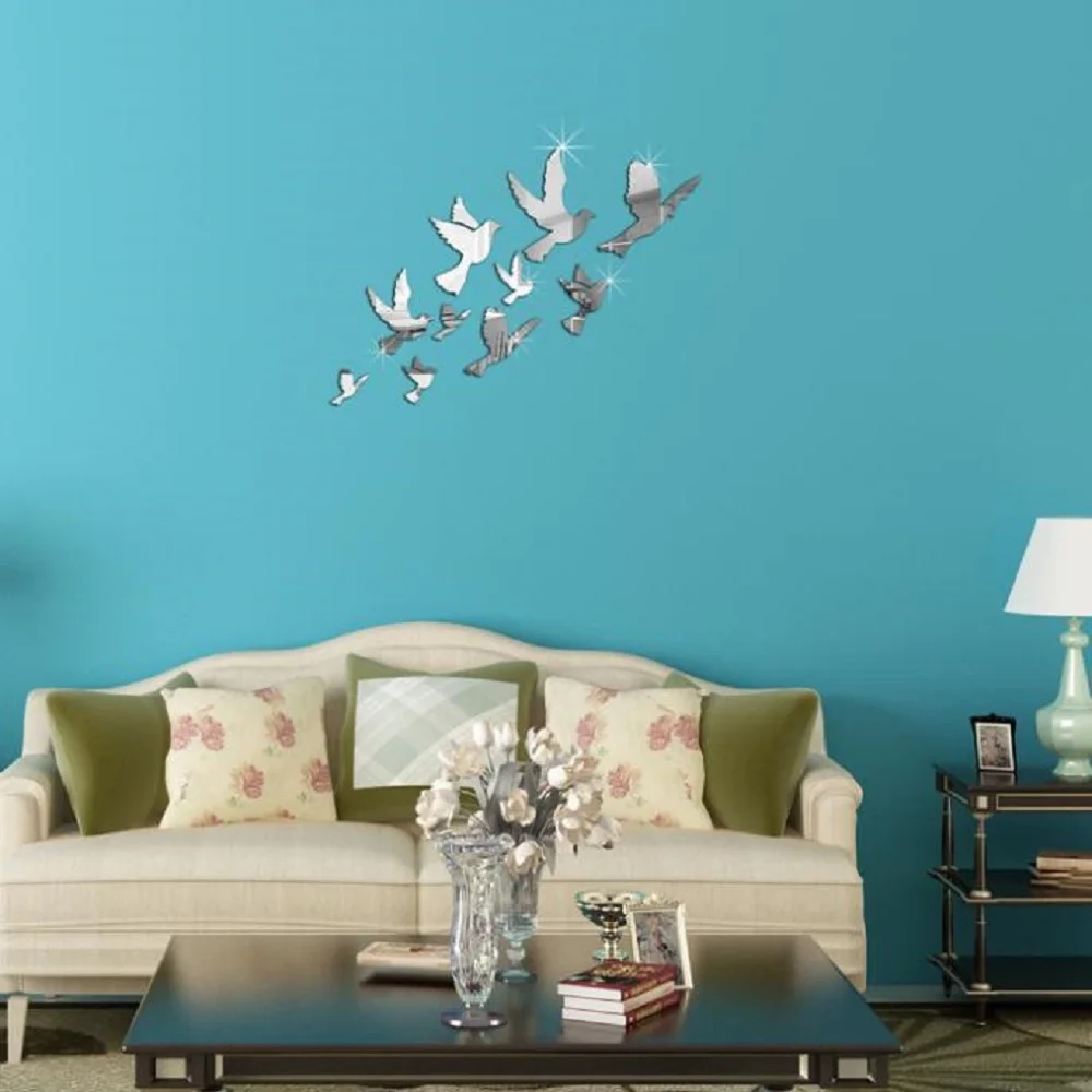 10pcs Peace Pigeons Pattern Flying Birds Acrylic 2014 Crystal Reflective DIY Mirror Effect 3D Wall Stickers Home Decoration