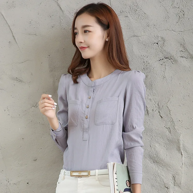 Women Blouses Fashion Long Sleeve Round Neck Office Shirt Flax Blouse Shirt Casual Tops Blusas Femininas