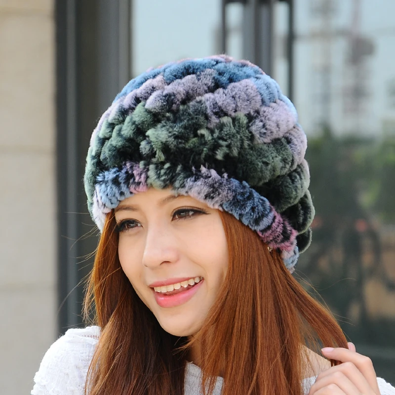

Luxury Winter Women's Genuine Real Knitted Rex Rabbit Fur Hats Handmade Lady Warm Caps Female Beanies Headgear