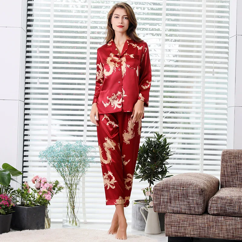 Two-Piece Satin Pyjama Set for Couples, Dragon Pattern Nightwear, Rayon Home Clothes, Long Sleeve, Chinese Style