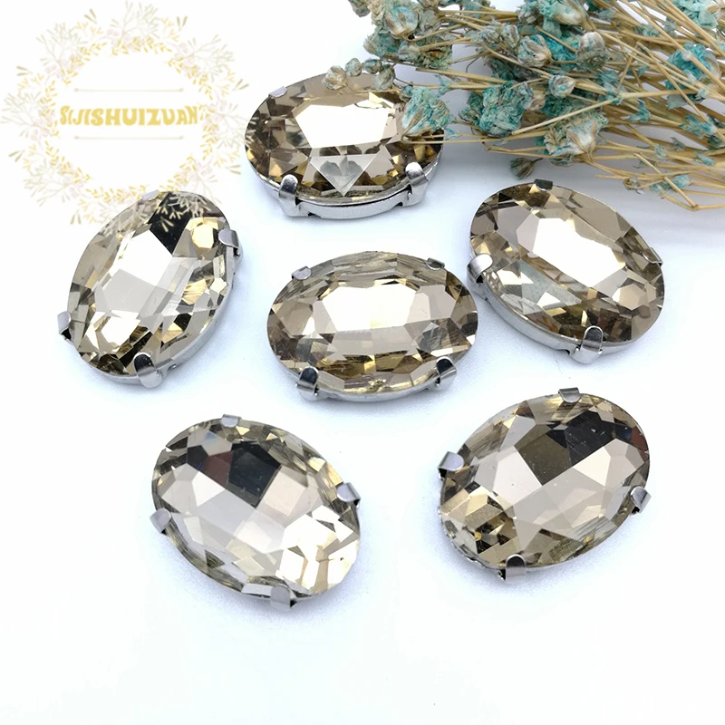 Classic style Light coffee OVAL shape Glass Crystal sew on rhinestones with four claw Diy wedding decoration