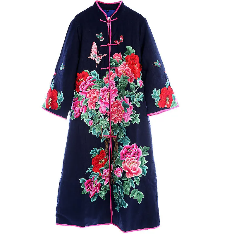 High-end autumn winter trench coat for women plus size windbreaker rayon vintage embroidery floral warm outerwear female M-XXXL