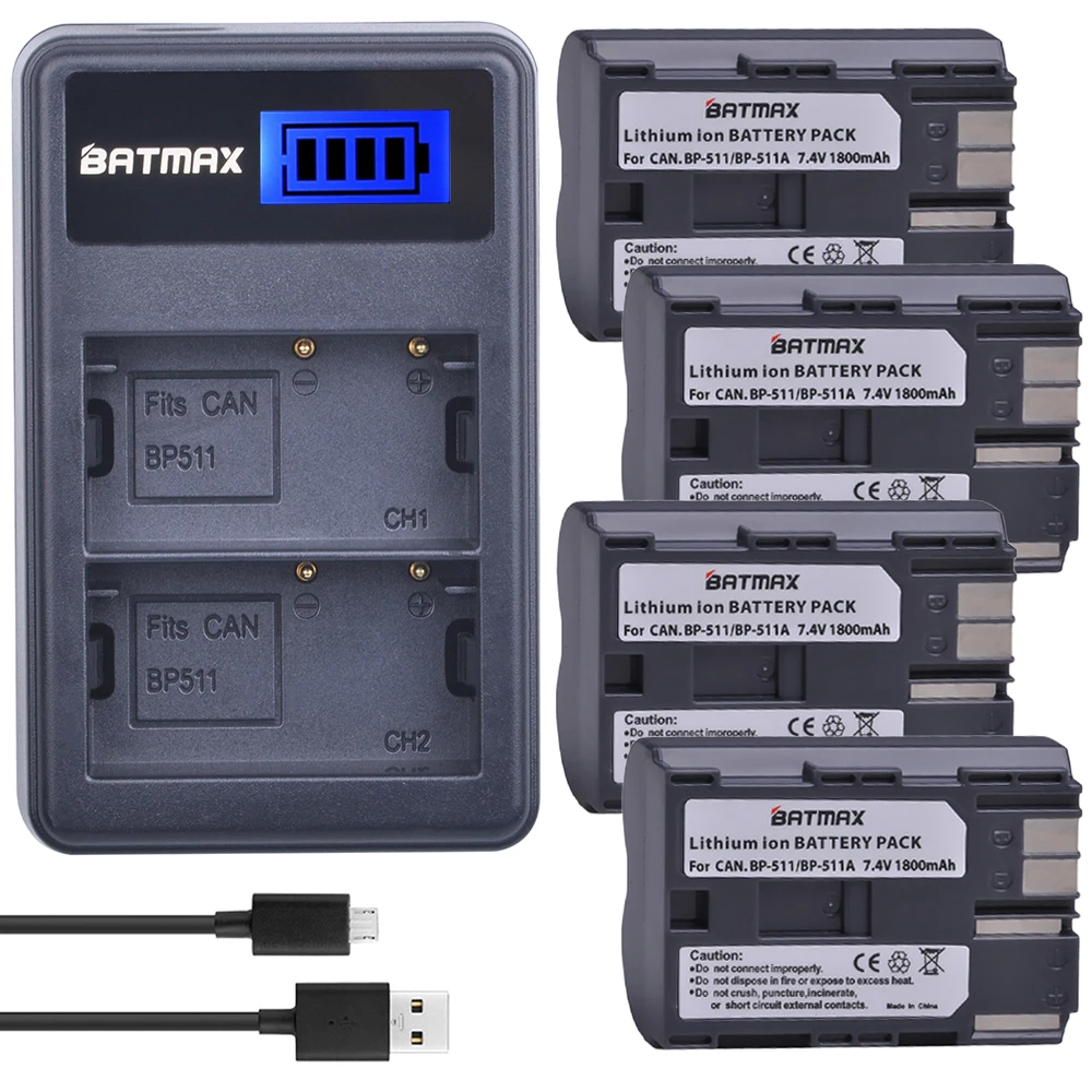 4X 1800mAh BP-511A BP-511 BP511A BP511 Camera Battery +LCD USB Dual Charger for Canon EOS 5D 50D 40D 20D 30D 10D 1D D60 300D D30