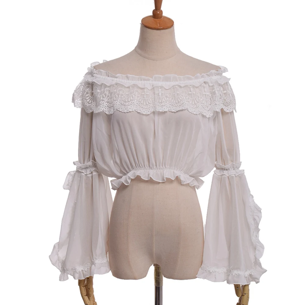 Lolita Blouse White Short Lace Crop Top Ladies Girls Long Sleeve Off Shoulder Semi-Sheer Shirt