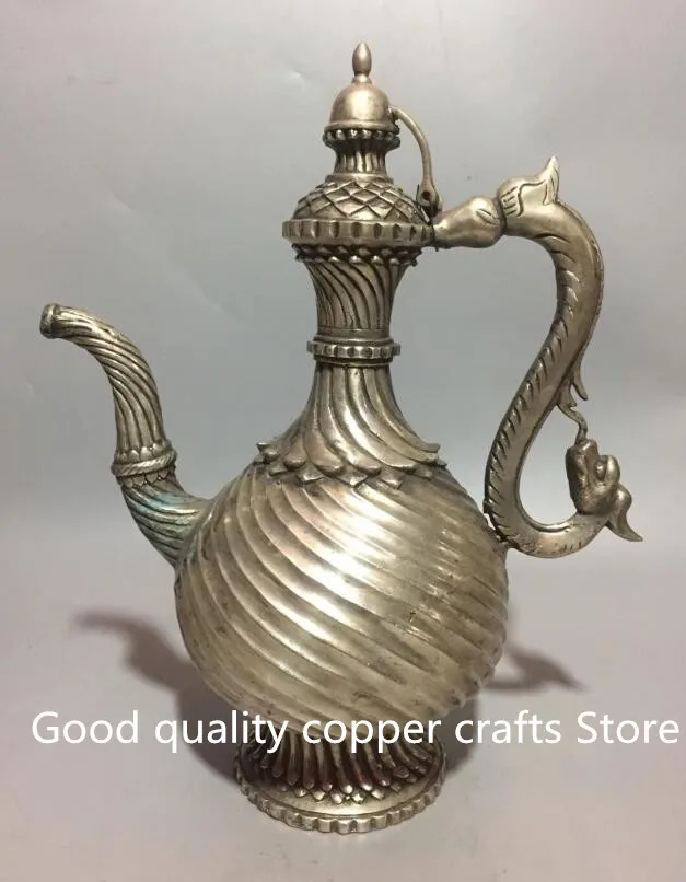 China Collectible archaize white copper wine pot statue