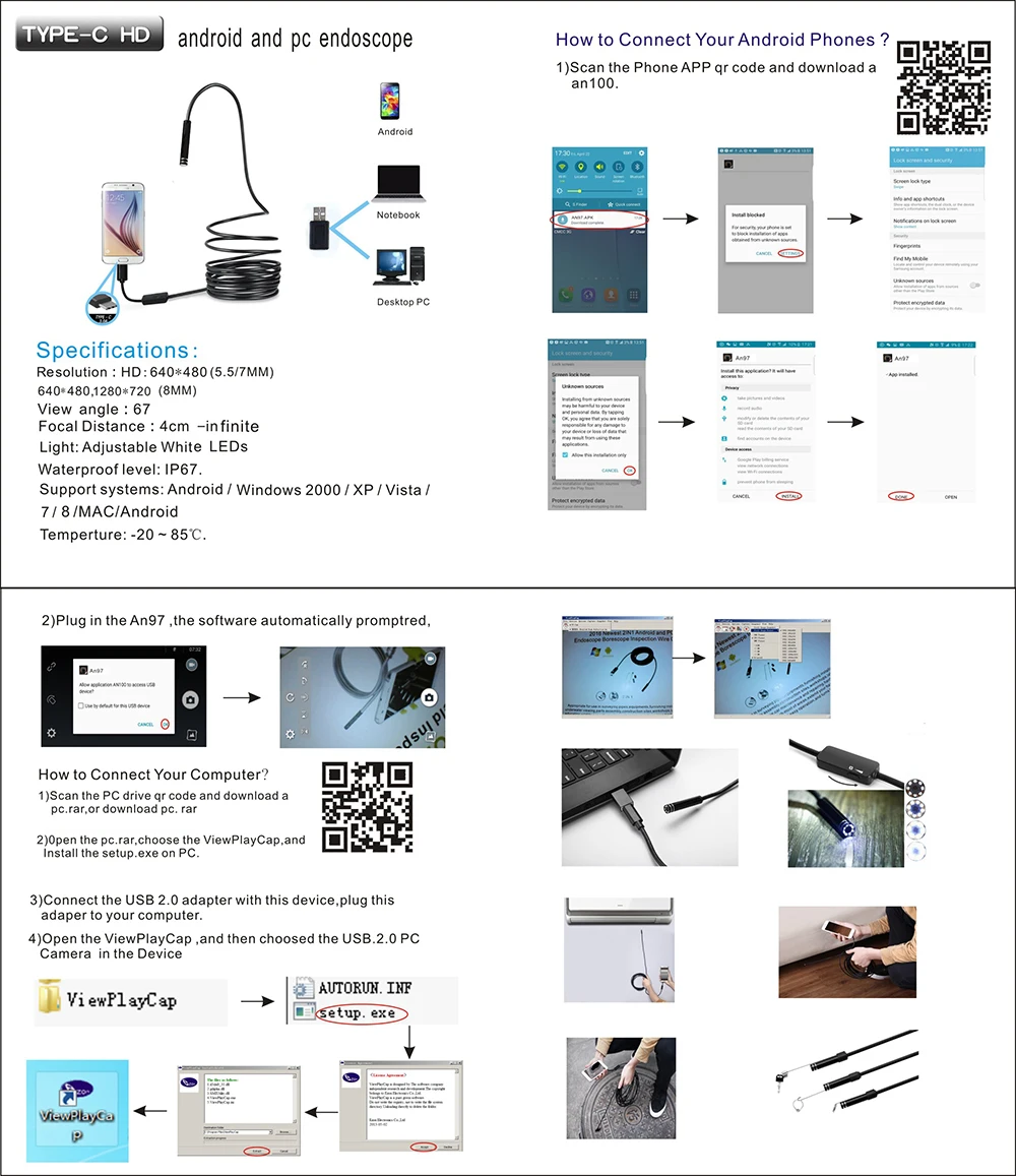 720P Type-c Android Endoscope Camera Inspection 8mm 3M 5M 10M Length Hard Cable Snake Usb Endoscope Borescope Cam for Smartphone