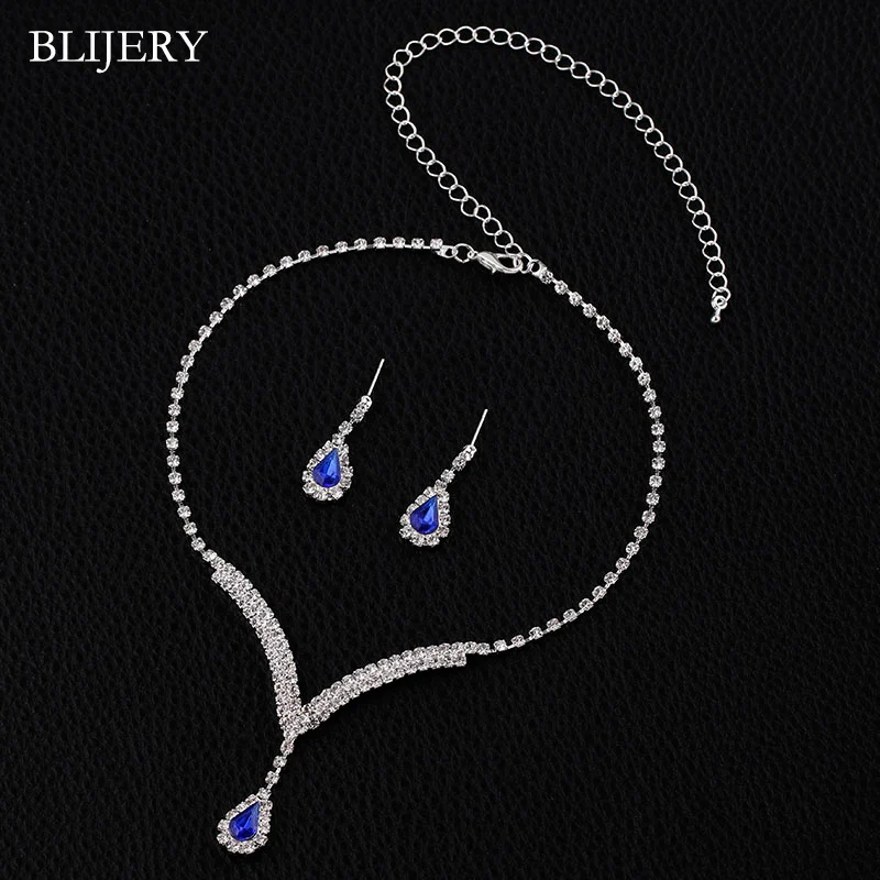 BLIJERY Fashion Royal Blue Crystal Bride Wedding Jewelry Sets for Women Silver Plated Drop Necklace Earrings Bridal Jewelry Sets