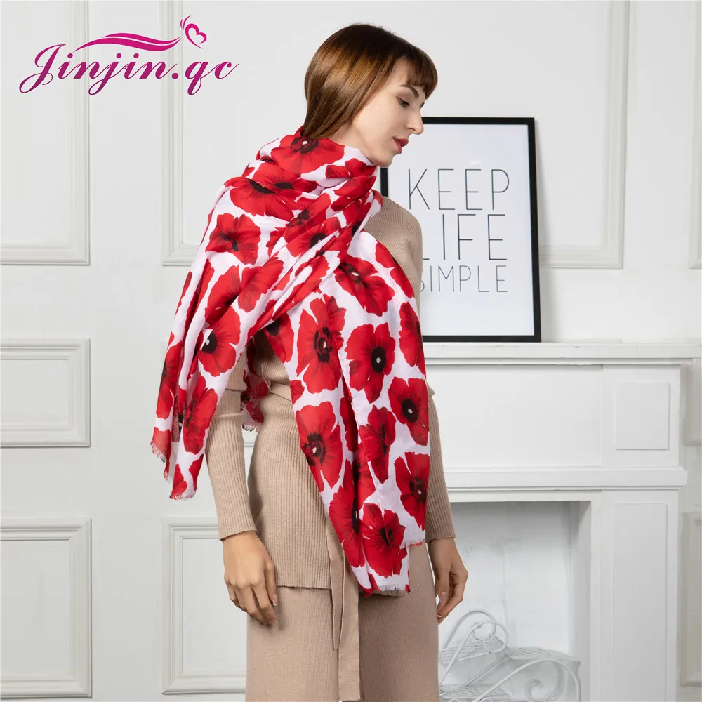 

Jinjin.QC New Women Scarf Cotton Polyester Material Floral Pattern White & Red Casual Scarves 180x90cm All Seasons Lightwear